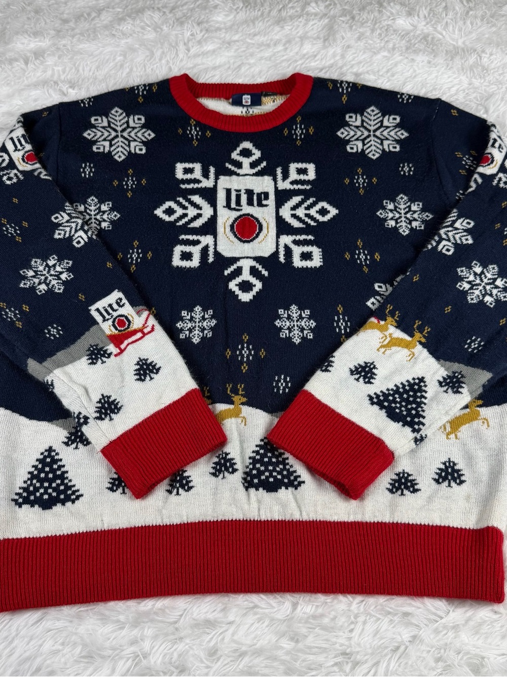 Miller Lite ugly Christmas sweater men’s XL sweater snowflake reindeer beer can